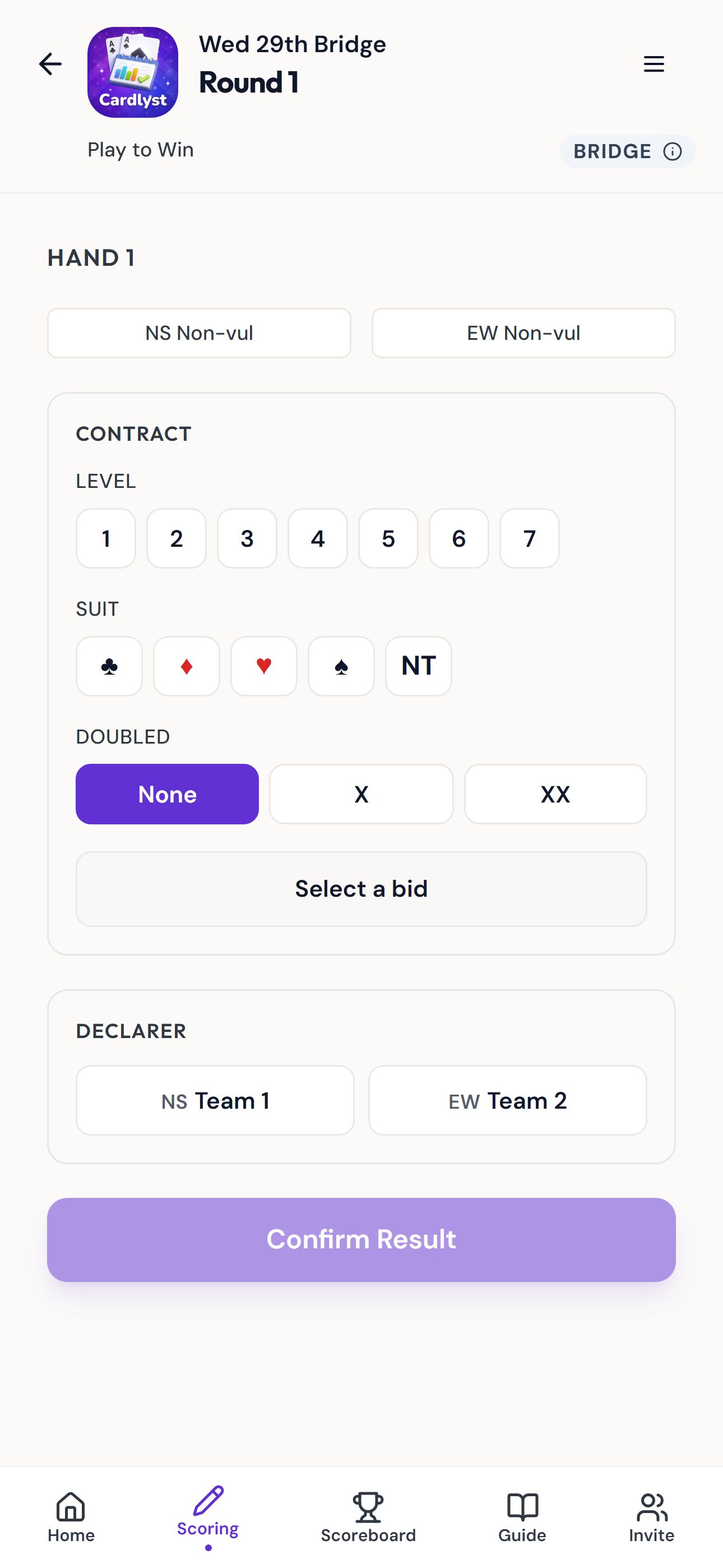 Bridge bidding screen