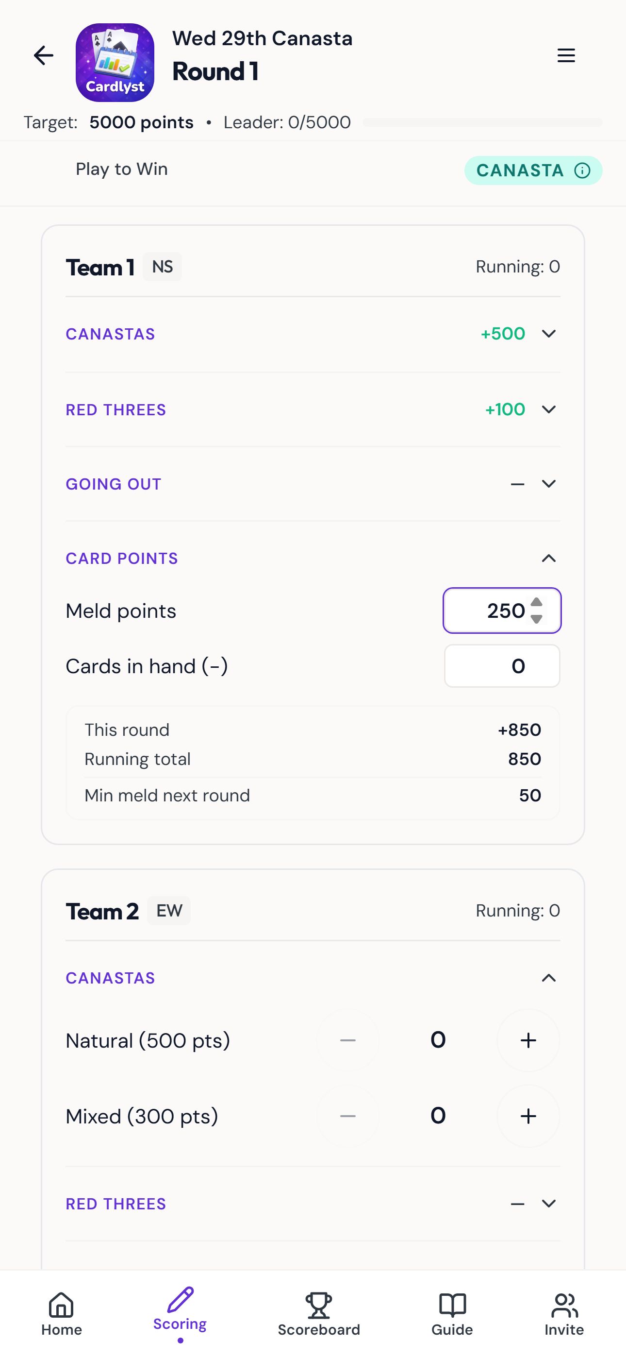 Canasta score entry screen