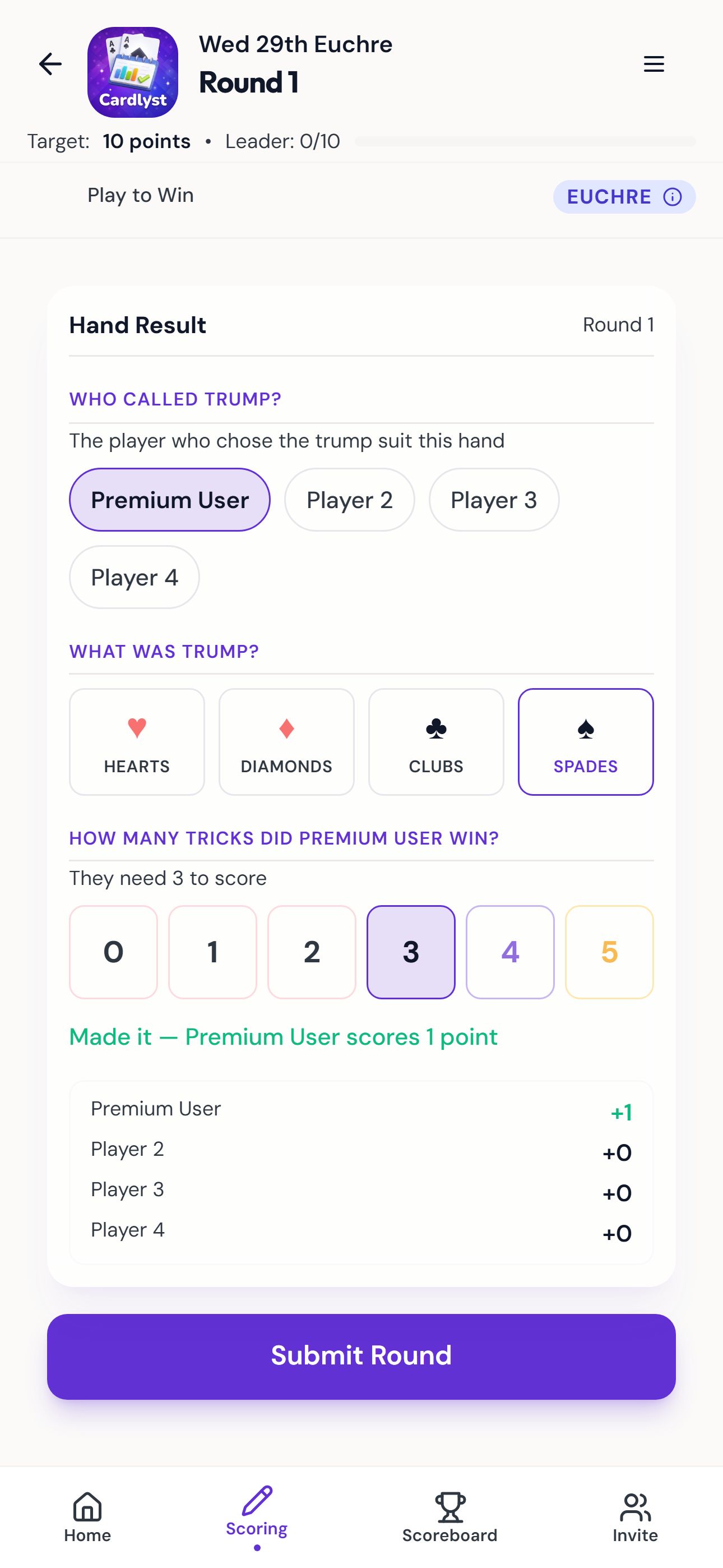 Euchre scoring screen