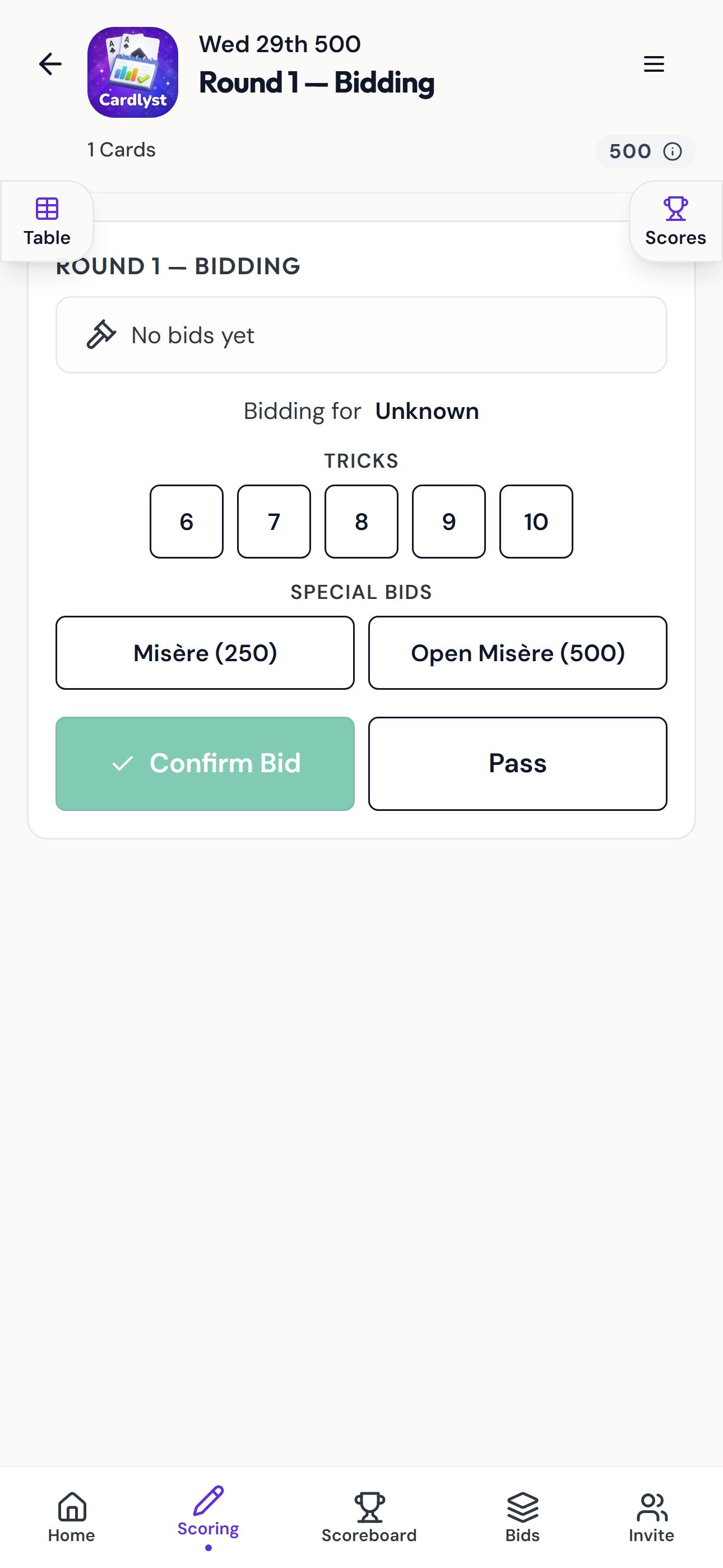 500 bid table
