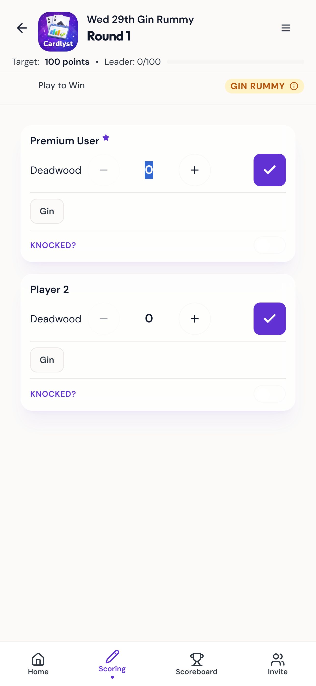 Gin Rummy scoring screen