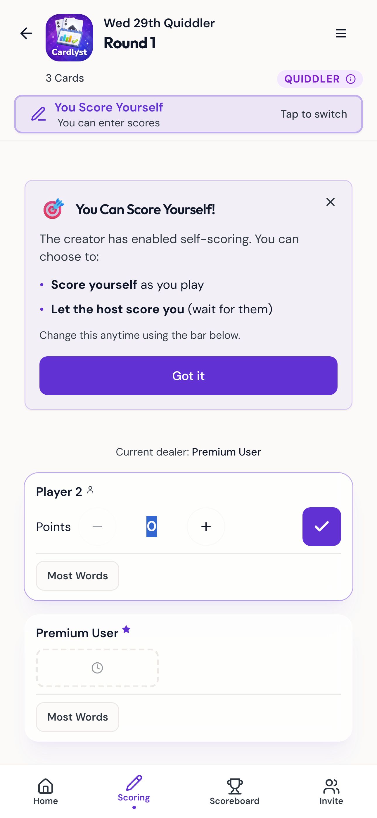 Player scores themselves