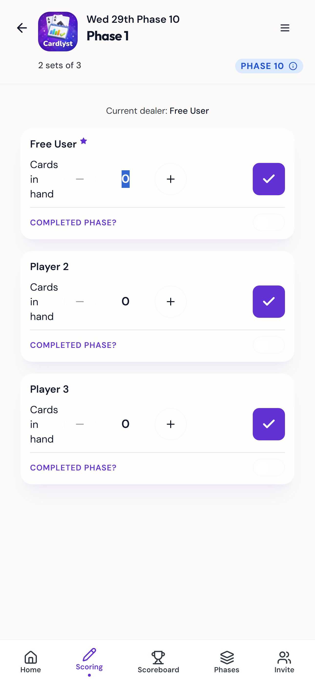 Phase 10 scoring screen