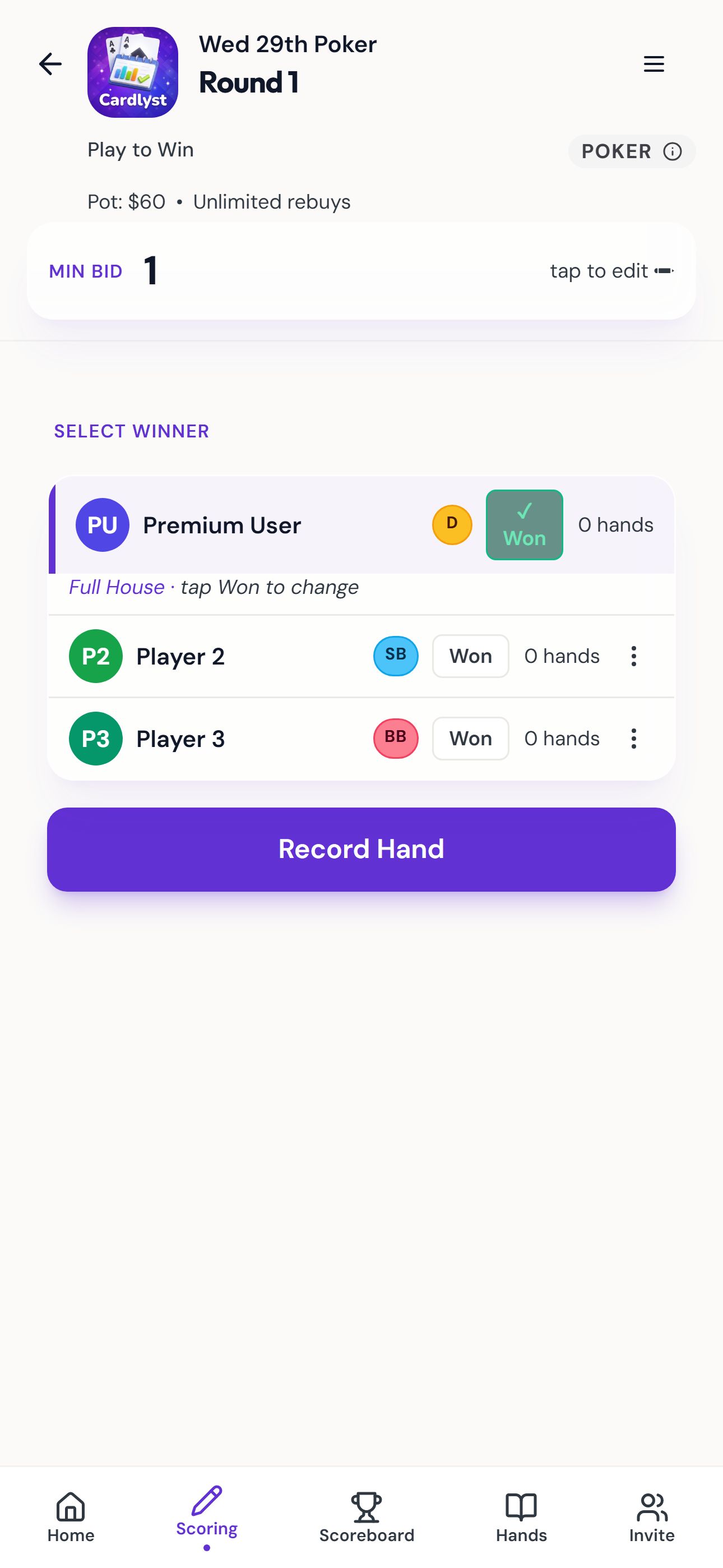 Poker scoring screen