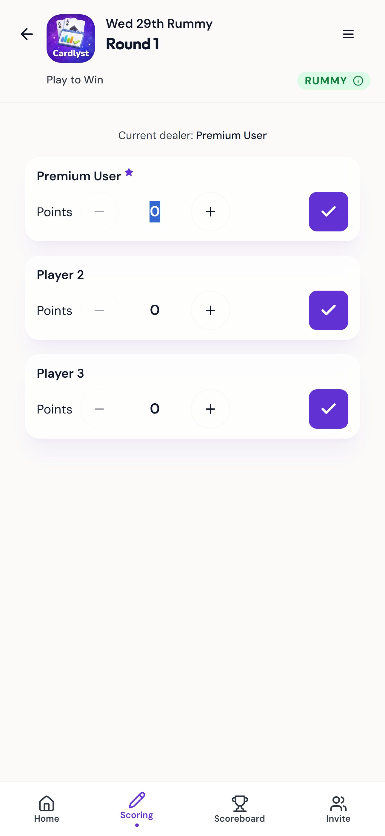 Rummy scoring screen