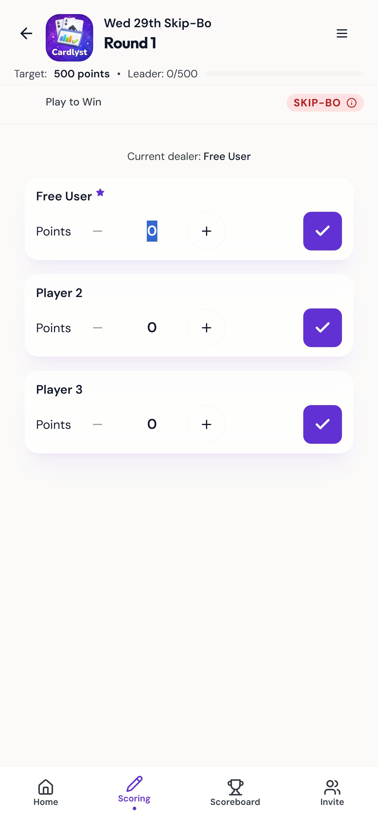 Skip-Bo scoring screen