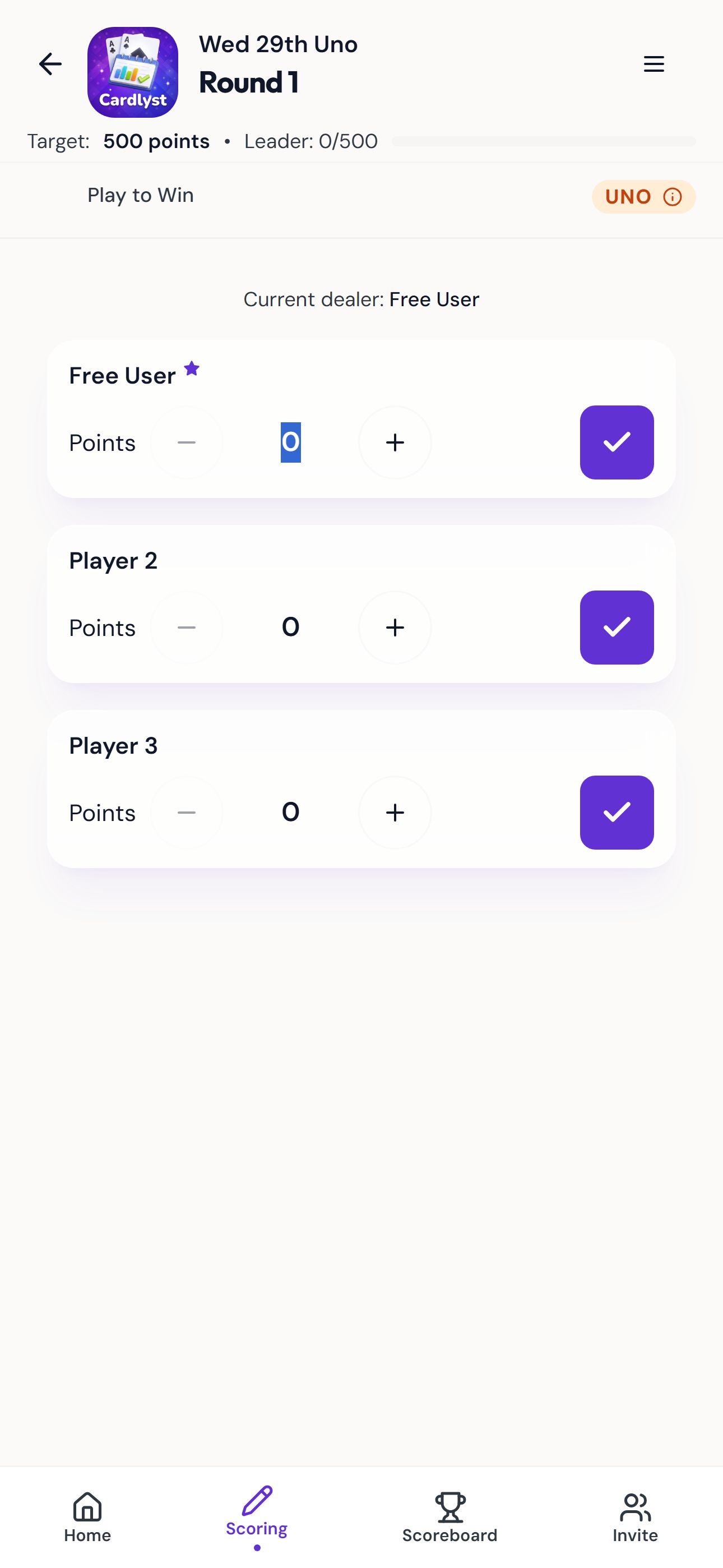 Uno scoring screen